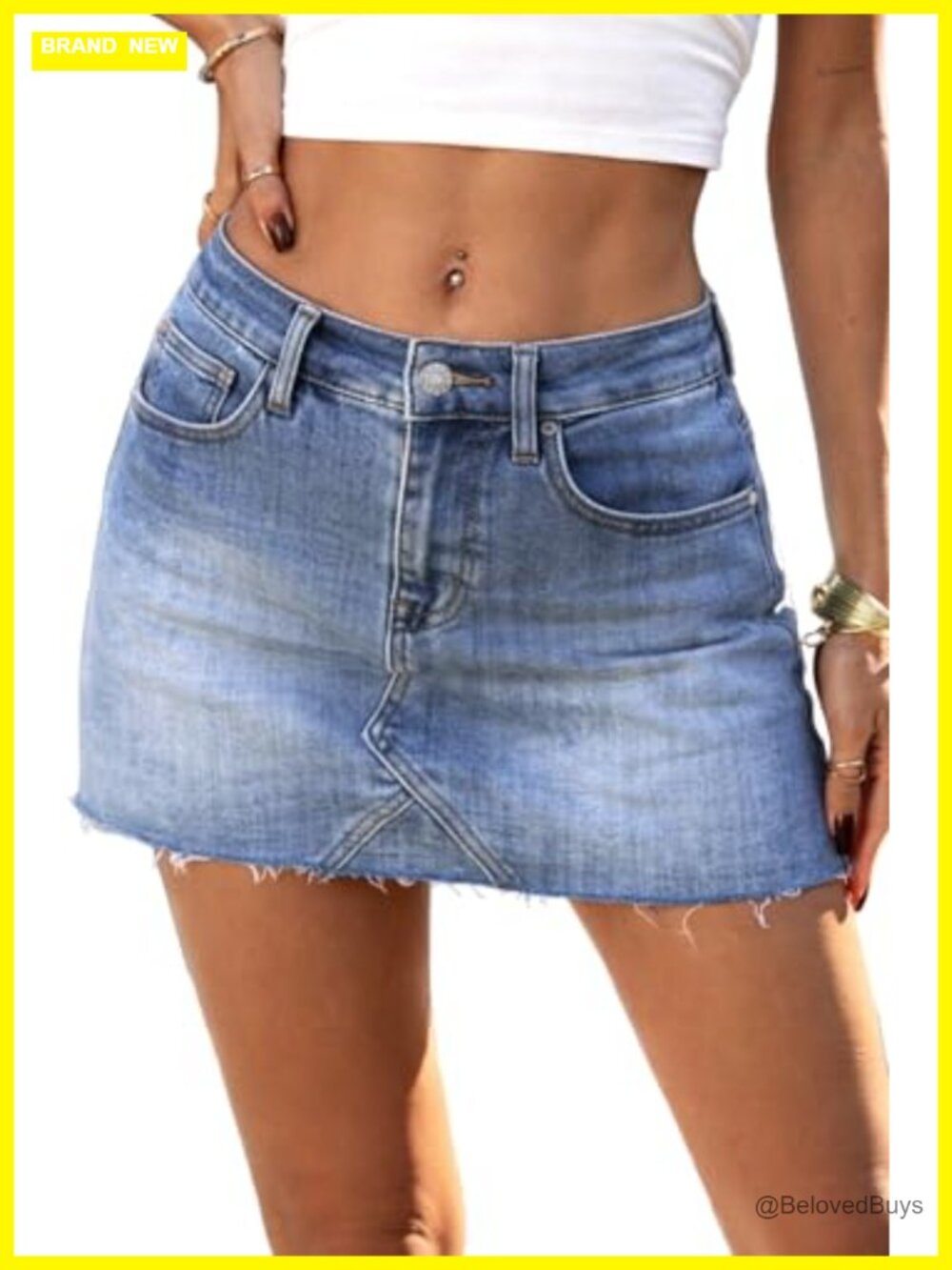 High Stretch Denim Mini Skort with Raw Hem, Y2K Style, Built-in Shorts
